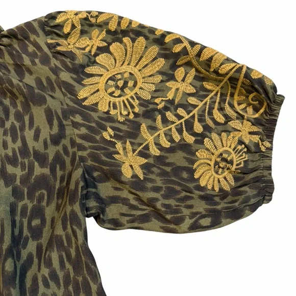 THML Olive Leopard Print Blouse w Tan Embroidered Puff Sleeves Size M - Picture 4 of 10